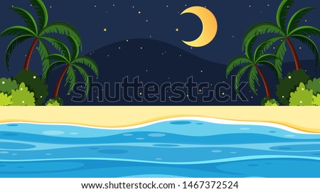 Landscape background design with ocean at night illustration