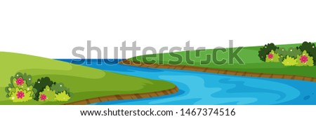 Scenery background of river and green grass illustration