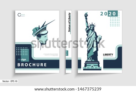 Brochure design cover template. Geometric design Statue of Liberty. New York City, buildings. First page, layout. Green and white design. Book, booklet, album, poster. Annual report, title. Ad text