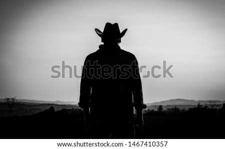 the modern cowboy with cowboy hat at the countryside on a sunset evening - silhouette - american cowboy