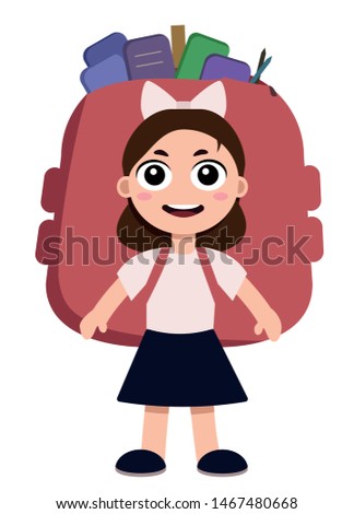 little joyful schoolgirl girl with a huge red backpack and a bunch of books