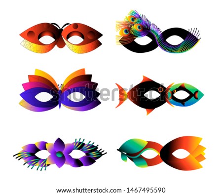 Сarnival mask of flowers and animals. Tulip, peacock feather, ladybug, butterfly, flower, fish. Raster.