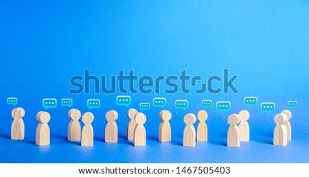 Many people figures and comment clouds above. process of discussion and commenting, the search for fresh ideas. Best thought, good idea, positive feedback. Opinion of the public and surrounding people Royalty-Free Stock Photo #1467505403