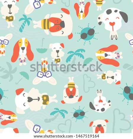Seamless pattern of cute puppies/ dogs on vacation enjoying summer time on mint background
