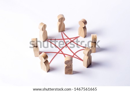 Circle of people interconnected by red curves lines. cooperation, teamwork, training. Staff, community meeting. Collaboration and cooperation, participation. Social connections, joining to solve tasks Royalty-Free Stock Photo #1467561665