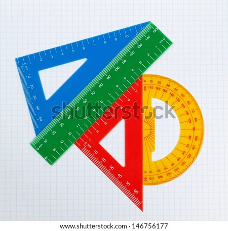 School drawing tools. Triangle, ruler, protractor.
