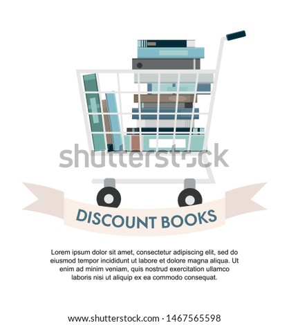 Books inside shopping cart on white. Discount books. Vector Illustration