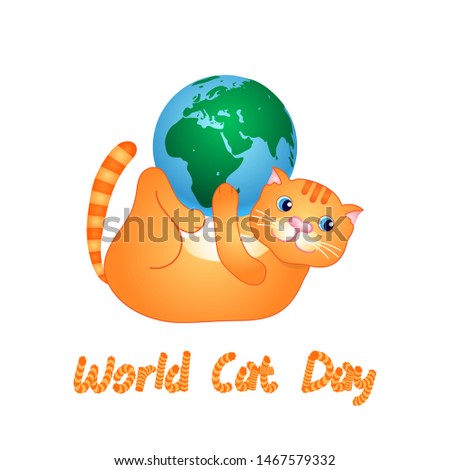Red cat playing with the globe. Clip art for World Cat Day. Without background, isolated