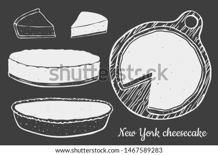 set cheesecake New York and slices white outline on dark background
