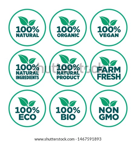 100% natural, organic, vegan, natural ingredients, natural product, farm fresh, eco, bio, gmo free icon set Royalty-Free Stock Photo #1467591893