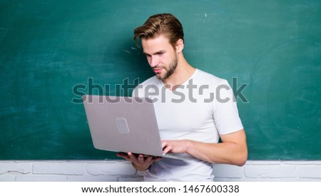 Programming web development. Digital concept. Student learn digital world. School teacher with laptop. Handsome man use modern technology. Digital technology. Surfing internet. Online communications.