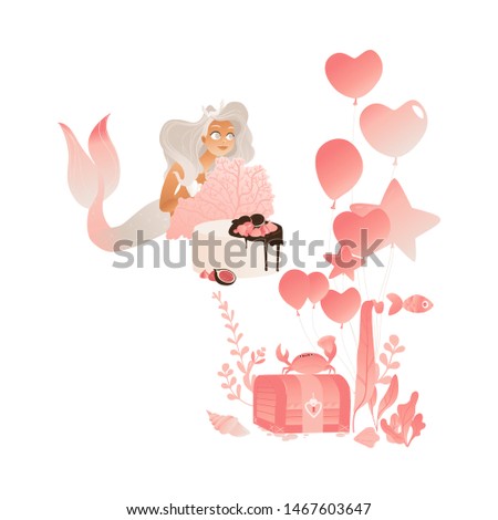 Beautiful mermaid with pink balloons and shells cartoon vector Illustration for t shirts and fabrics or kids fashion artworks. Fashion illustration in modern style.