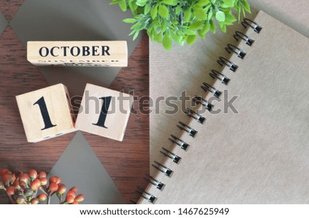 October 11. Date of October month. Number Cube with a flower and notebook on Diamond wood table for the background.