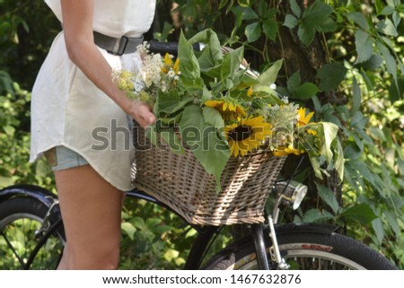 Girl  holds a bicycle with a basket and sunflowers. Close up.