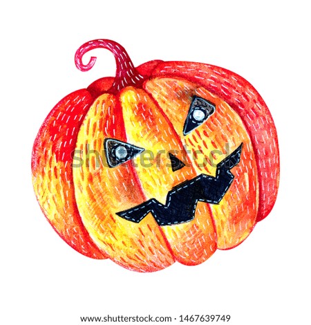 Halloween pumpkin in watercolor. Cute, fun style, bright Reds and oranges. Hand drawing. Object isolated on white background. Attributes for Halloween.