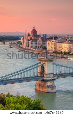 Budapest, Hungary. Aerial cityscape image of Budapest with Szechenyi Chain Bridge and parliament building during summer sunset.