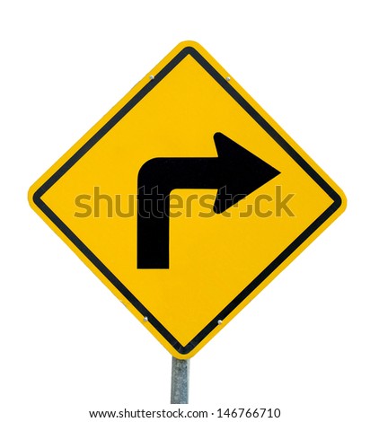 Yellow traffic sign "Turn right" on the White background Royalty-Free Stock Photo #146766710