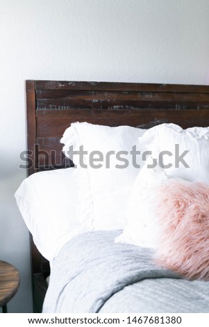 Modern Bed with Decorative Fur Pillows, Cute girl bedroom, trendy bedroom decor