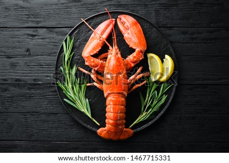 Lobster with spices on a dark background. Top view. Free copy space. Royalty-Free Stock Photo #1467715331