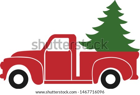 old red truck with christmas tree vector illustration