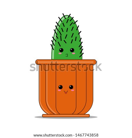 Funny green cactus in a brown pot isolated on white background. Fun cartoonish houseplants. Kawaii style vector illustration. Cute comic emoticons.