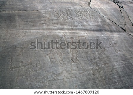 Ancient rock engraving in Camonica Valley, warriors and fighters, Ceto's reserve, UNESCO World Heritage Site, Italy. 