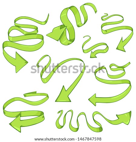 Vector Set of Cartoon Green Ribbon Arrows. Waving Shape Pointers Collection.