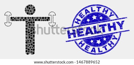Pixel fitness person mosaic pictogram and Healthy seal stamp. Blue vector round scratched seal stamp with Healthy text. Vector collage in flat style.