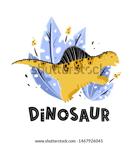 Cartoon dinosaur on the background of tropical leaves. Vector illustration for baby clothes, t-shirts, fabric