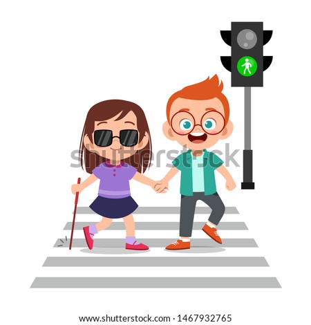 kid boy help blind friend cross road