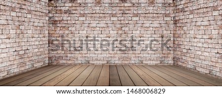 Wood floor and brick wall, empty room for background. Big empty room in grange style with wooden floor