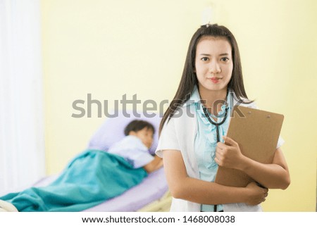 Asian woman doctor and patient sleep on the bed in hospital, health care concept image 