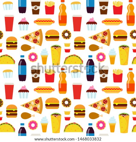 Colorful fast food seamless pattern. Junk food vector repeating background for textile design, wrapping paper, wallpaper.