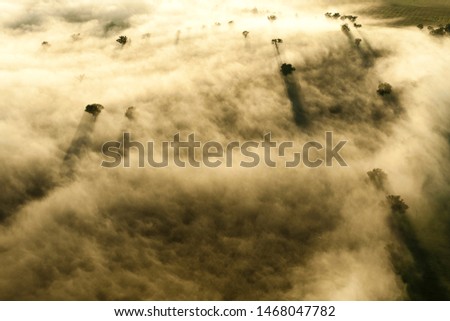 Aerial view of low hanging clouds in the countryside as the sun rises. 