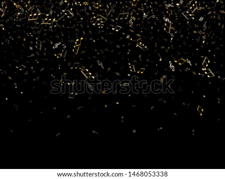 Musical notes, treble clef, flat and sharp symbols flying vector design. Notation melody record classic clip art. Doodle music studio background. Gold metallic musical note.