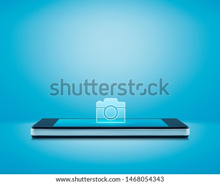 Camera flat icon on modern smart mobile phone screen over gradient blue background, Business camera shop online concept