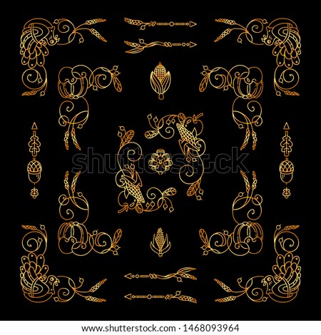 Set of golden square corners, frames. Vector elements for design. Flowers, ear of wheat, leaves elements. Vintage, hand drawing doodle style