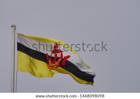 National flag of Brunei on a flagpole, waving againts bright isolated sky.