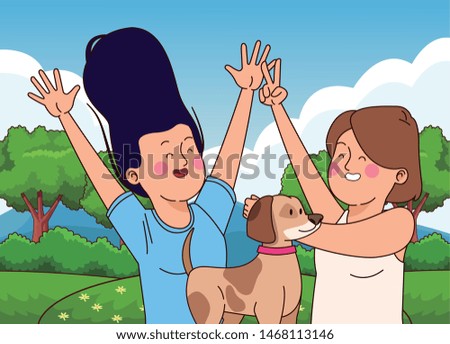 Teenagers friends girls walking the dog in the nature park with trees, landscape scenery ,vector illustration graphic design.