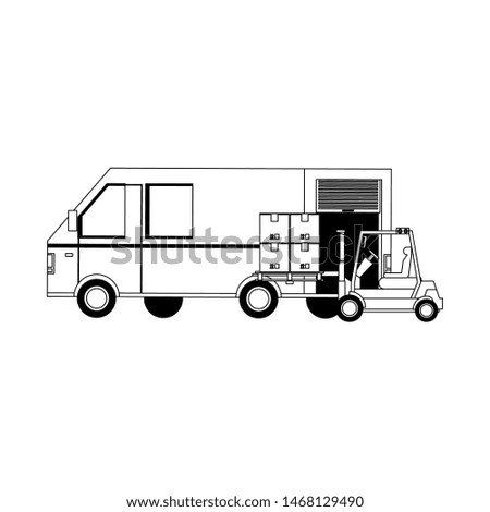 shipping logistic delivery cargo, van truck with merchandise boxes and forklift cartoon vector illustration graphic design