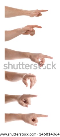 Set of man pointing at something on white background, closeup view of hands 