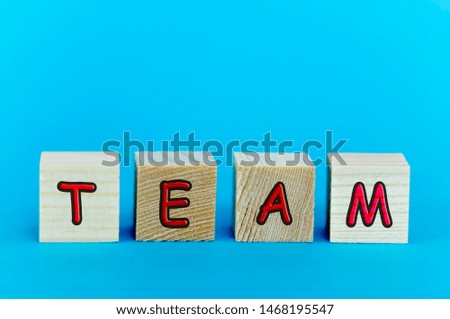 Team - inscription on wooden cubes on a blue background close-up