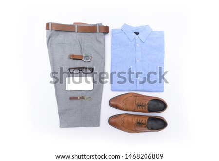 Men's casual outfit. Men's fashion clothing and accessories on white background ,flat lay,
