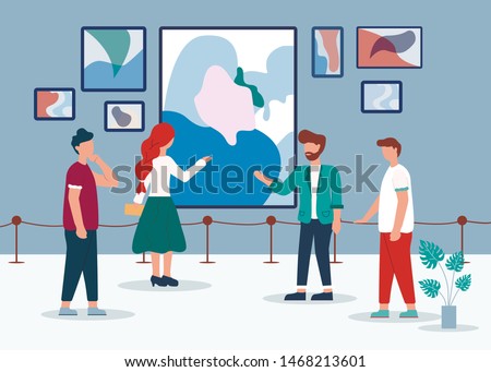 Man Woman in Contemporary Art Gallery Vector Illustration. People Look Abstract Paintings. Curator Tour Museum Exposition. Drawing Canvas Display on Wall, Room Interior. Artistic Exhibition Royalty-Free Stock Photo #1468213601