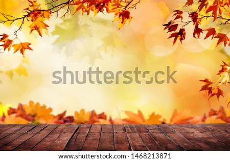 Wooden table with orange fall  leaves, autumn natural background