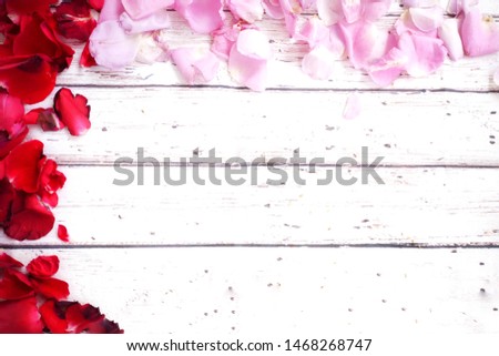 Petals of red and pink petals are decorated to be a border of the picture on wooden background. Happy sweetest day.