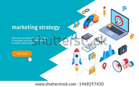 Marketing strategy banner. Layouts of laptop, rocket, magnifying glass, graphs and pencil. Isometric vector illustration