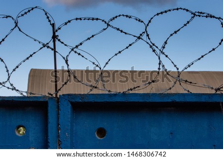 Barbed wire on a concrete wall against a blue sky