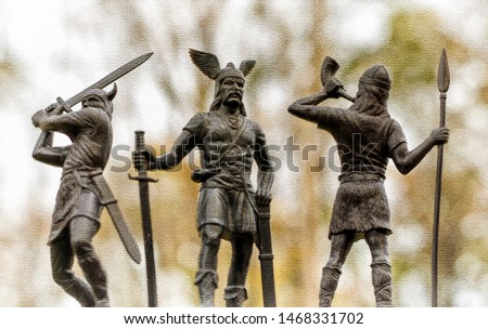 Old Norse God Odin with long sword and two guards - his son Heimdallr with horn and spear and viking who raised a short sword, textured image with plastic soldiers, Asgard, Valhalla and Ragnarok myths Royalty-Free Stock Photo #1468331702