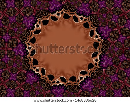 A hand drawing pattern made of pink purple and copper on a black background 